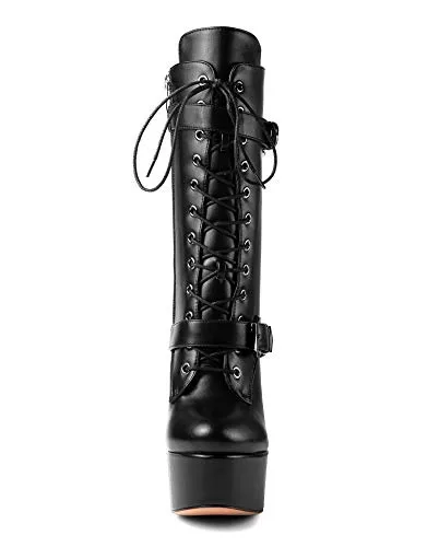 ANN CREEK 'Batian' Classic High Platform Mid Calf Boots Ultra High Stiletto Heels Lace Up Boots Faux Leather Round Toe Tie Up Bo