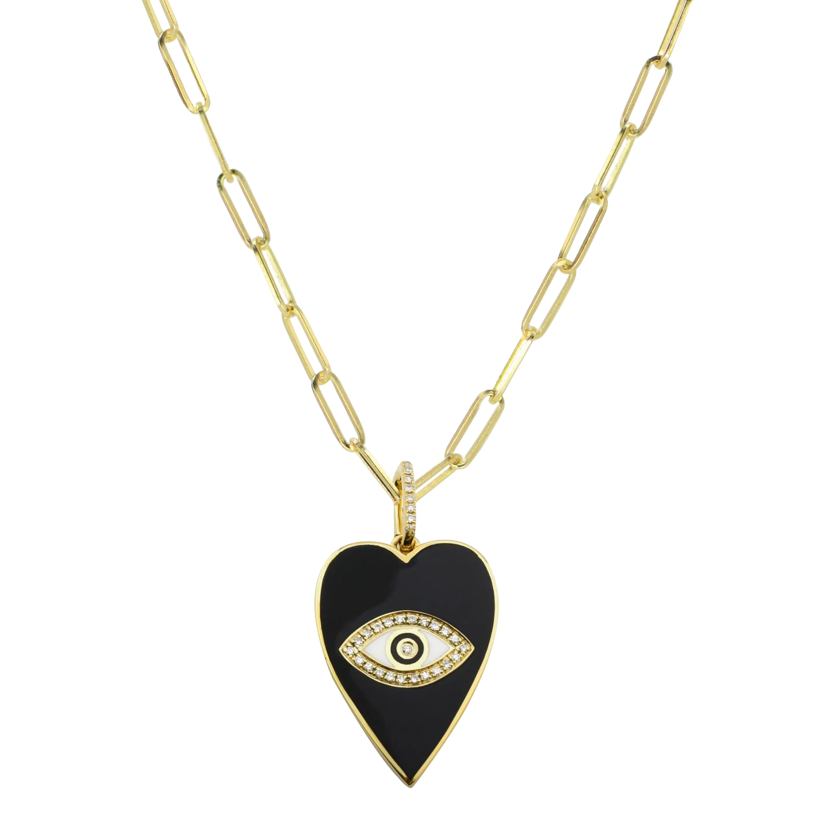 Black Enamel Heart and Evil Eye Necklace With Diamonds - Large