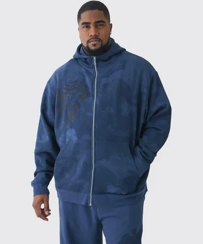 boohooMAN Mens Plus Oversized Zip Thru Renaissance Print Hoodie