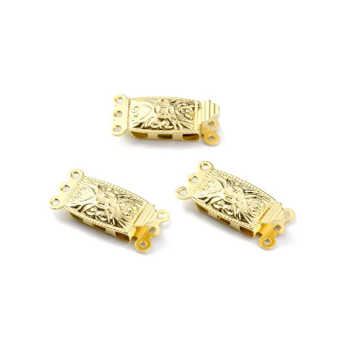 Box Clasps, 304 Stainless Steel, Rectangle, With Heart And Cross Design, 3-Strand Tab, 24K Gold Plated, 20x10mm