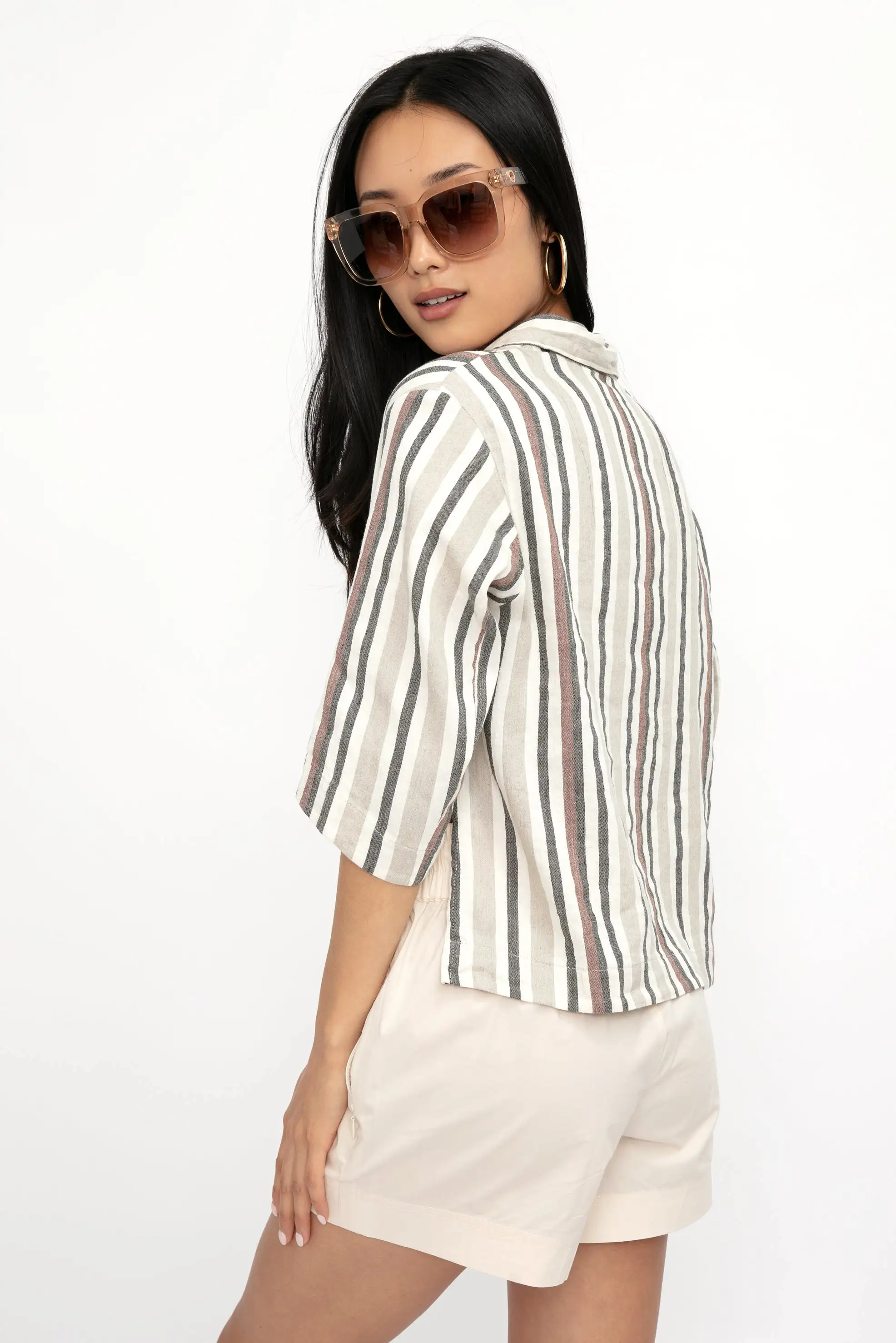 Boxy Linen Shirt Jacket in Carob Stripe