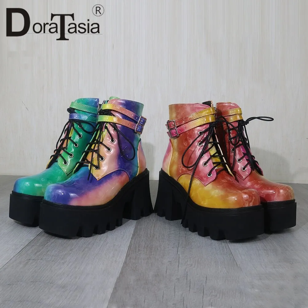 Chunky High Heels Ankle Boots Fashion Colorful Zip Platform Boots Women Party Street Shoes Woman