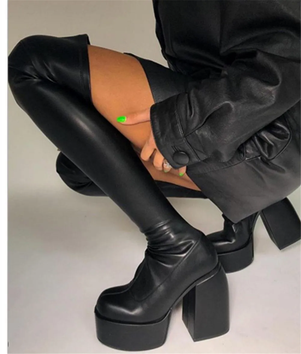 Chunky High Heels Platform Goth Black Women Boots Brand Design Fashion Luxury Shoes Boots Women