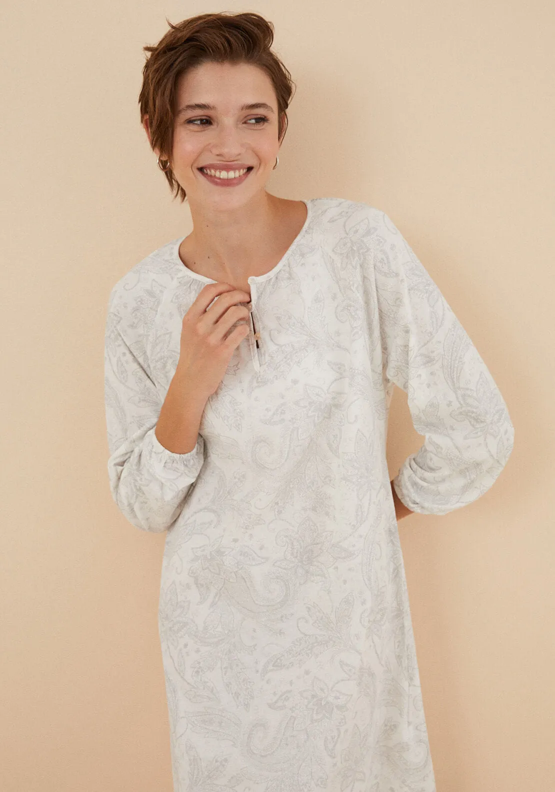 Cotton Paisley Midi Nightgown - Grey