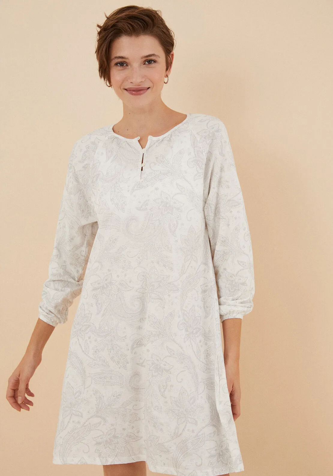 Cotton Paisley Midi Nightgown - Grey