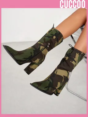 Cucco Fashionable Camouflage Over-The-Knee Boots, Chunky Heel, Pointed Toe Women's Pull-On Boots