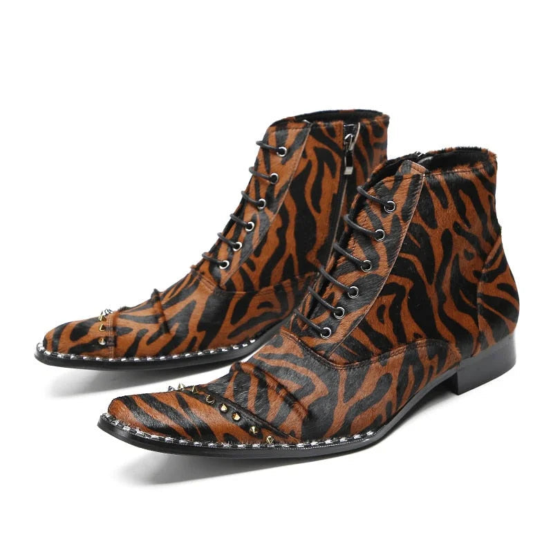 Fashion Leopard Boots Men Lace-up Leather Ankle Boots Men Lace-up Zip Flats, Big Sizes EU37-46