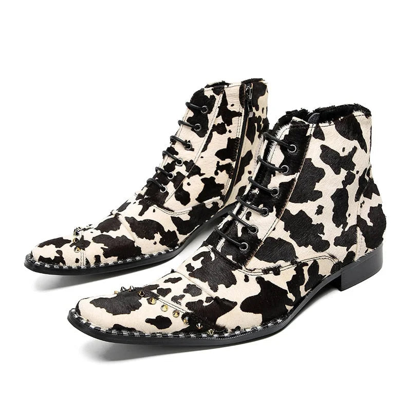 Fashion Leopard Boots Men Lace-up Leather Ankle Boots Men Lace-up Zip Flats, Big Sizes EU37-46