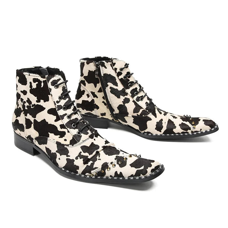 Fashion Leopard Boots Men Lace-up Leather Ankle Boots Men Lace-up Zip Flats, Big Sizes EU37-46