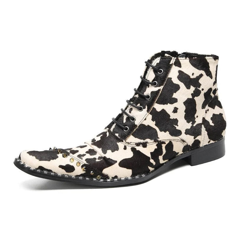 Fashion Leopard Boots Men Lace-up Leather Ankle Boots Men Lace-up Zip Flats, Big Sizes EU37-46