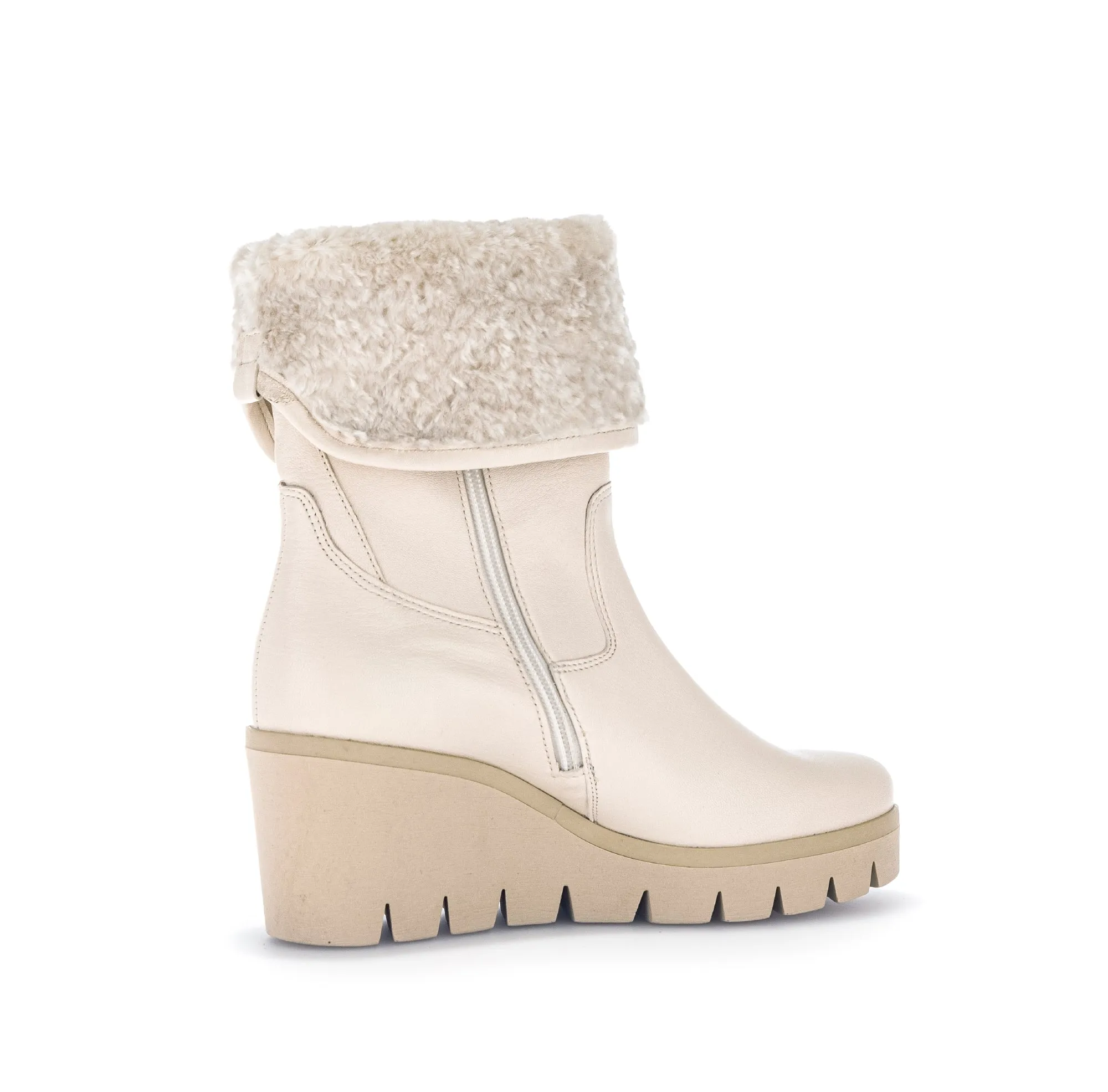 GABOR Cream Leather Wedge Boots with Faux Fur Cuff