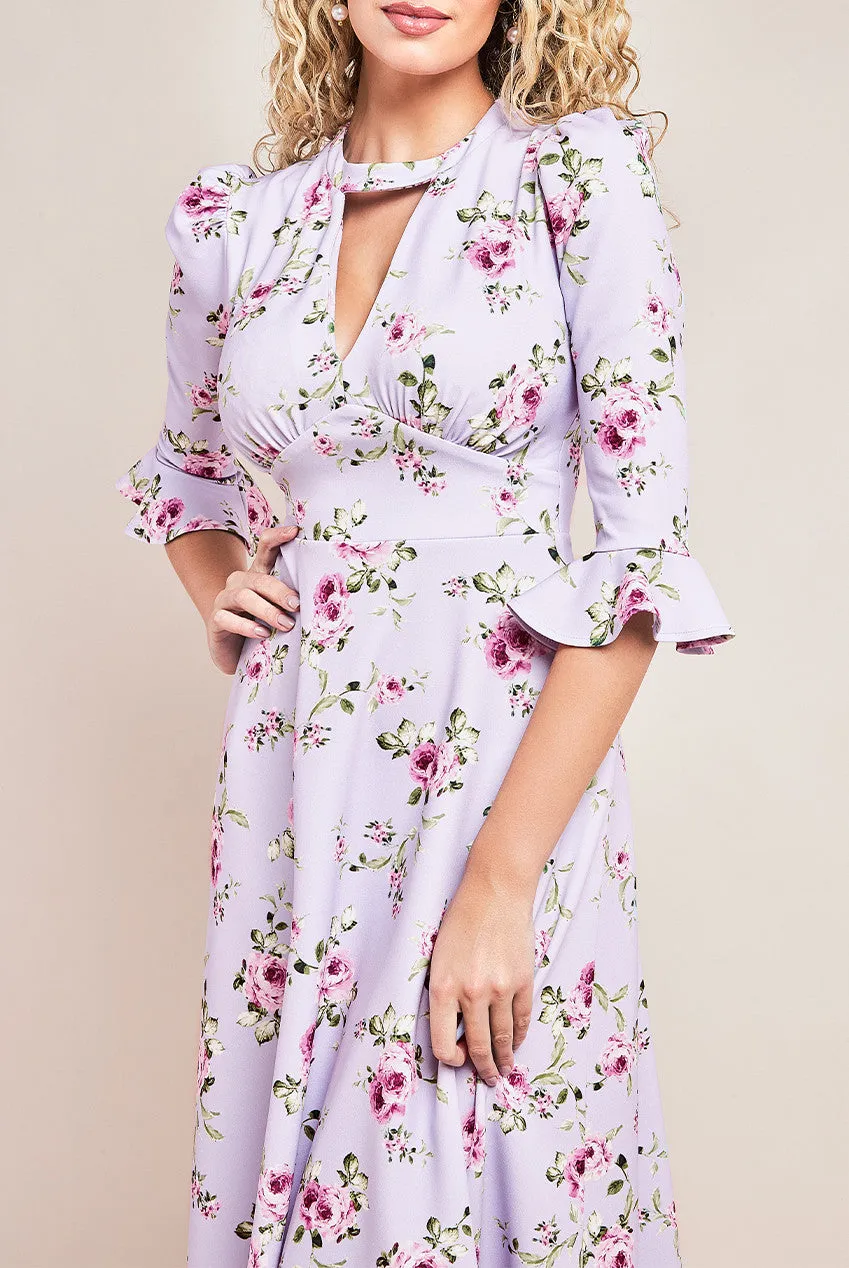 Goddiva Floral Printed Flared Sleeve Midi Dress