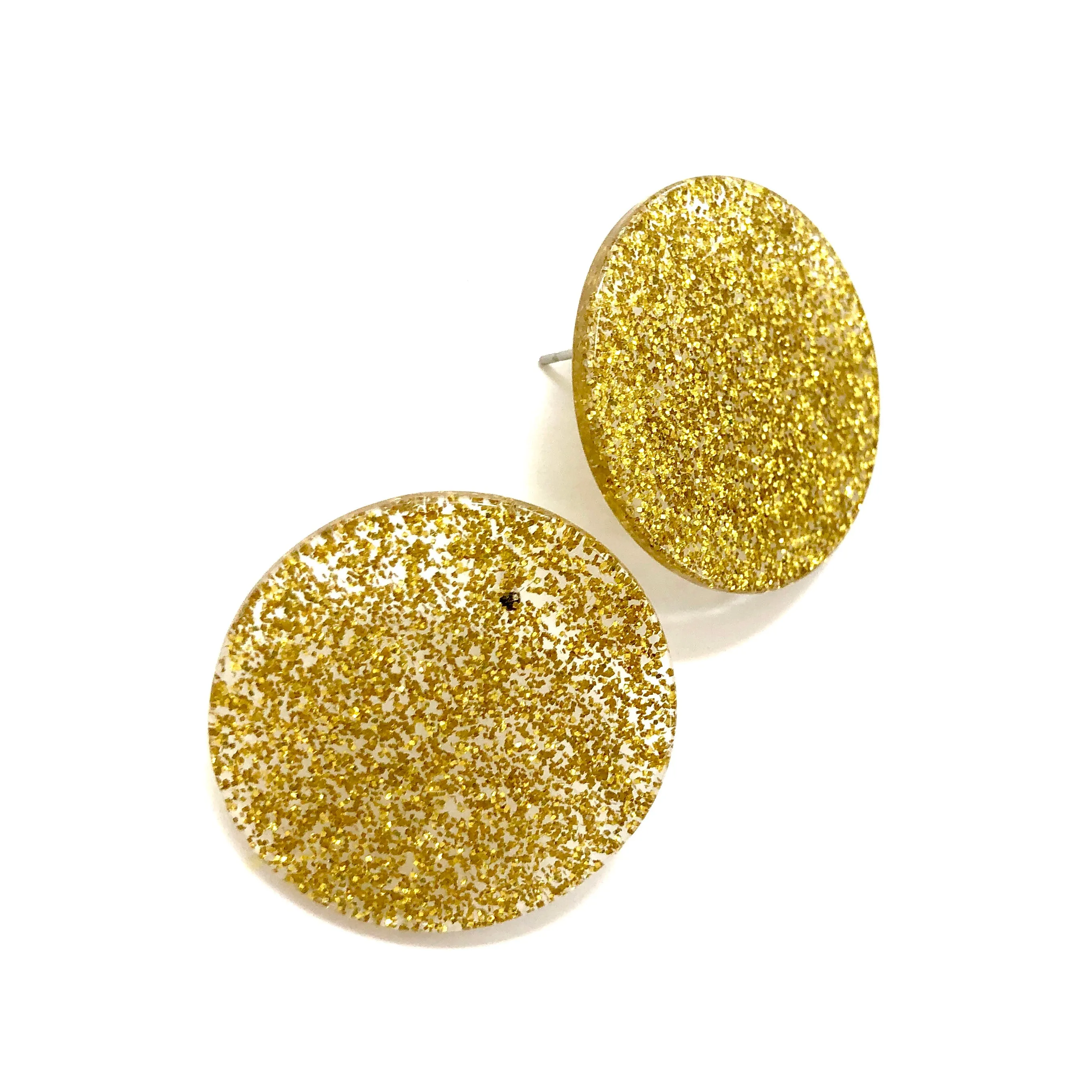 Gold Glitter Disc Stud Earrings