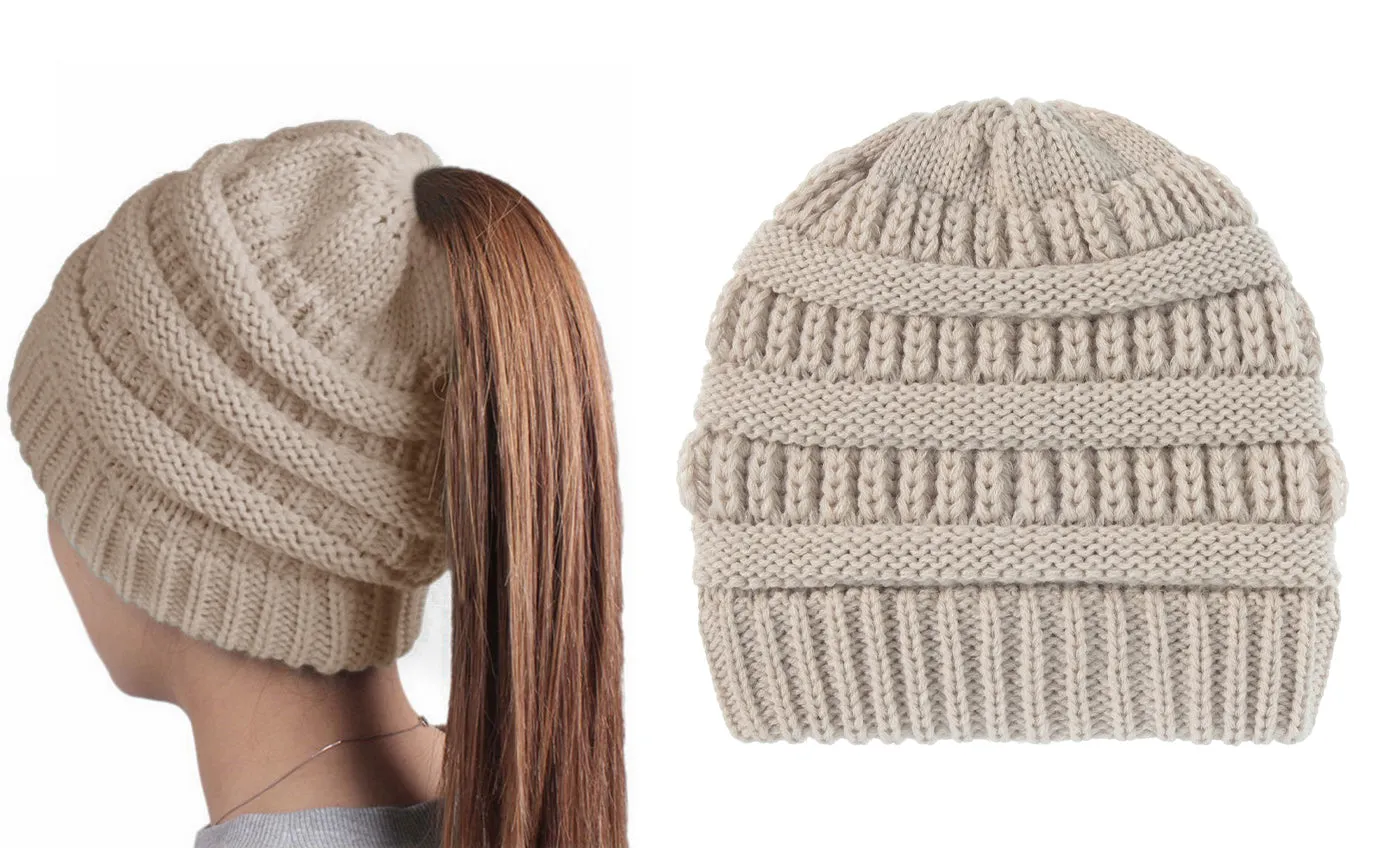 Haute Edition Women's Ponytail Messy Bun Textured Knit Beanie