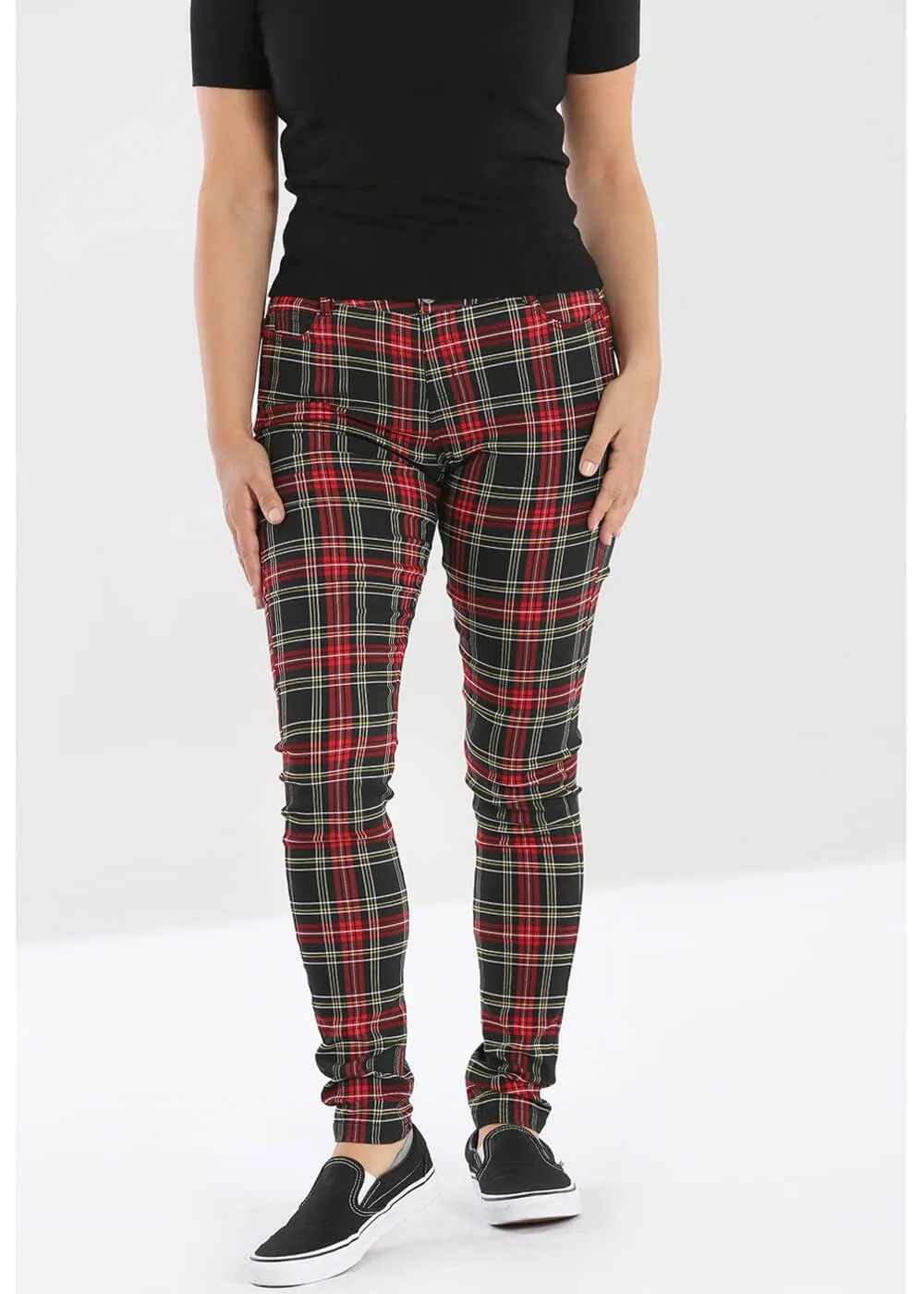 Hell Bunny Clash Tartan Skinny Pants Red