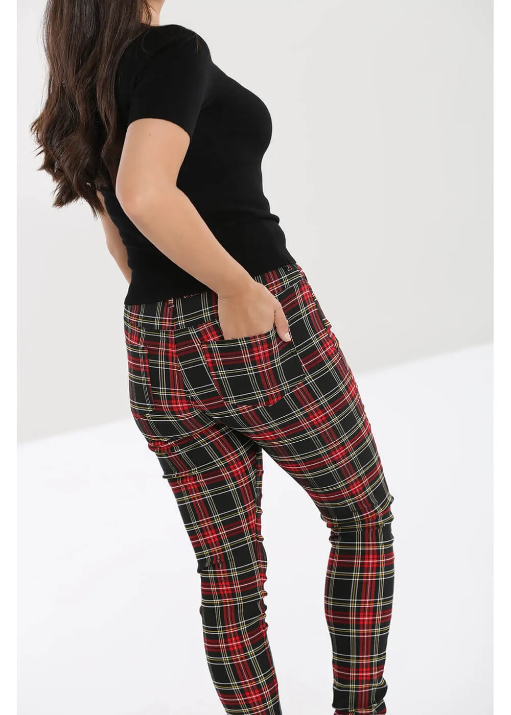 Hell Bunny Clash Tartan Skinny Pants Red