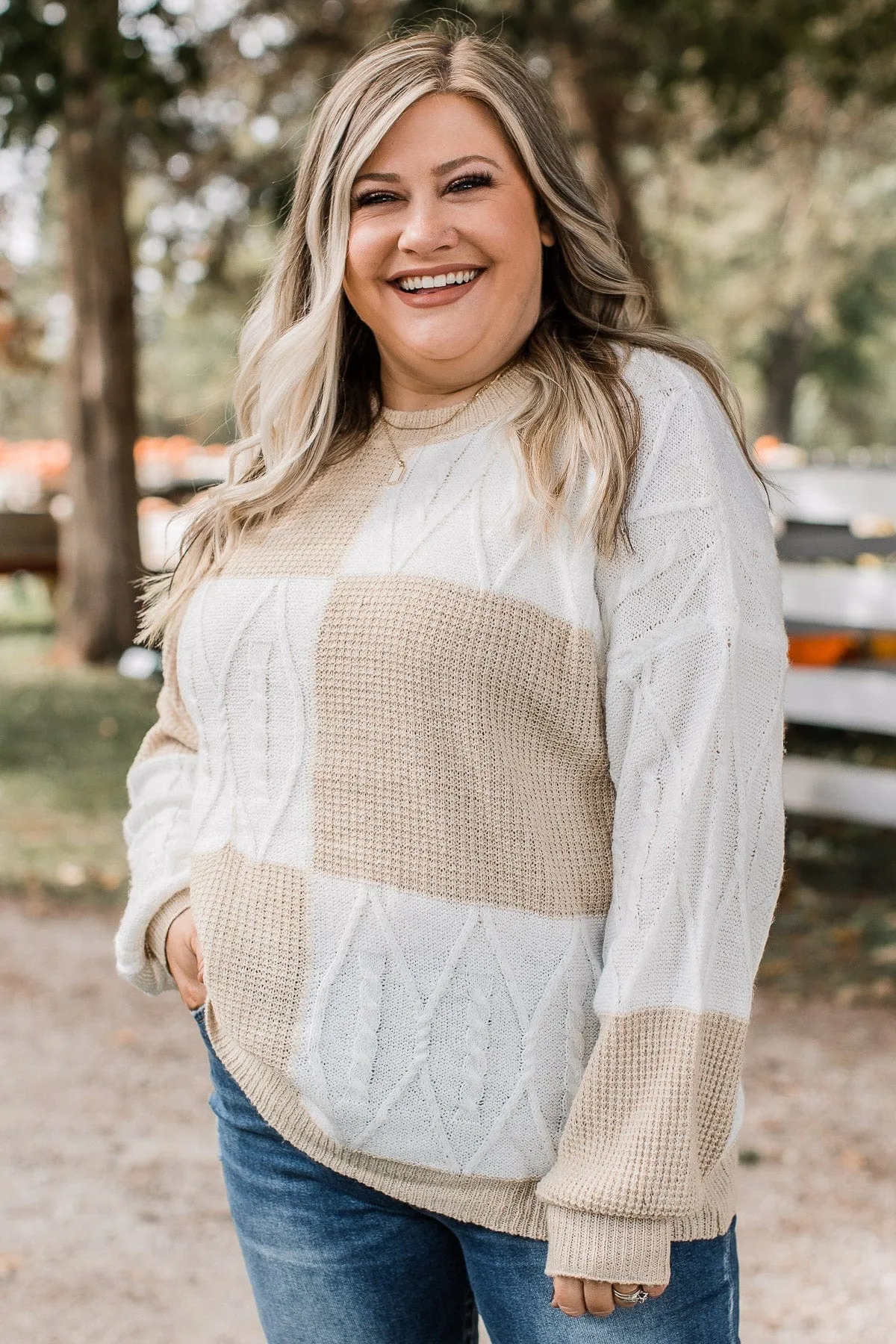 Here We Are Color Block Sweater- Ivory & Light Taupe