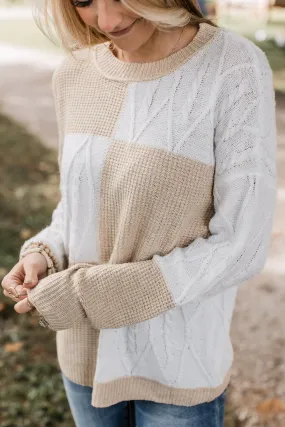 Here We Are Color Block Sweater- Ivory & Light Taupe