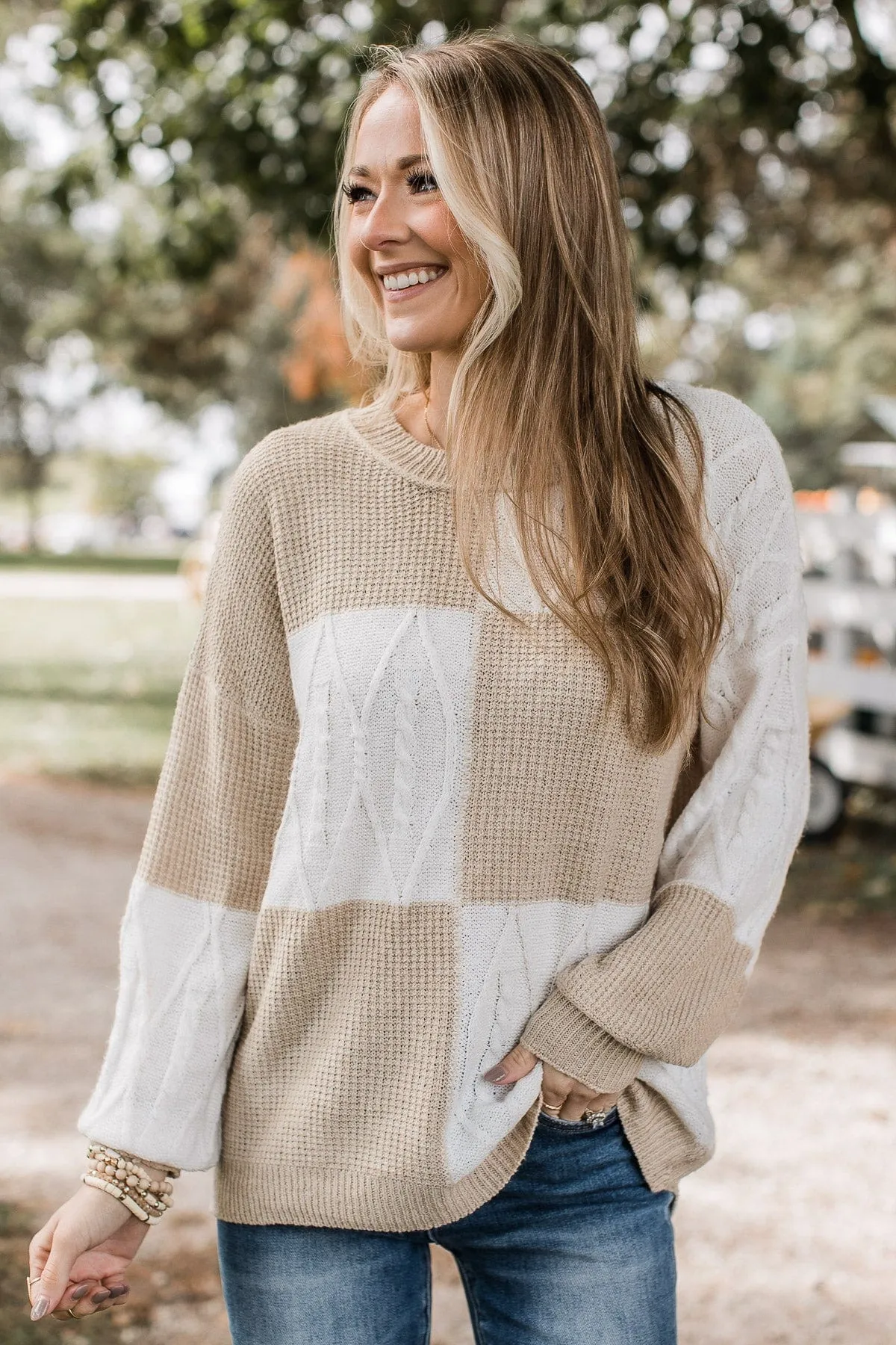 Here We Are Color Block Sweater- Ivory & Light Taupe