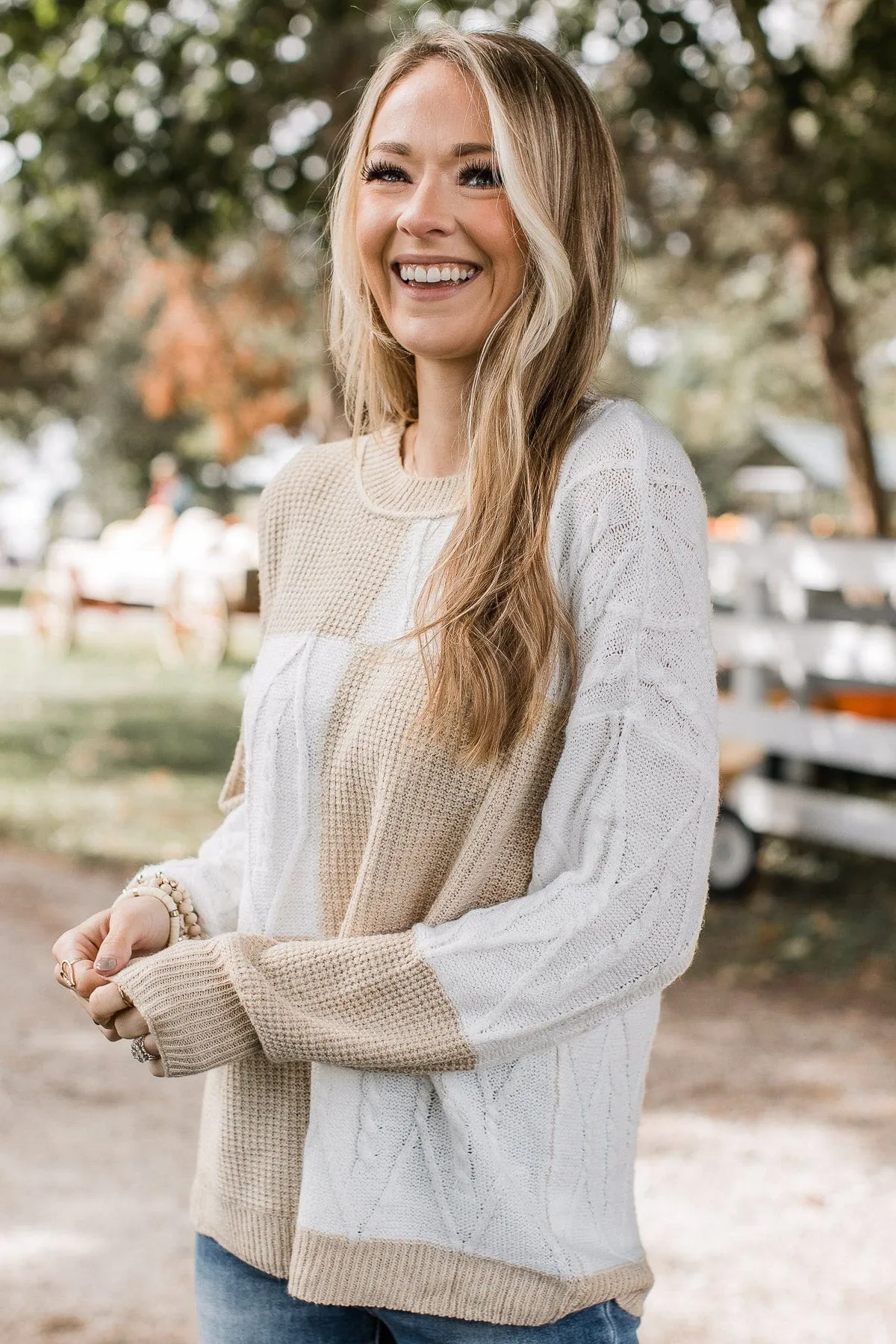 Here We Are Color Block Sweater- Ivory & Light Taupe