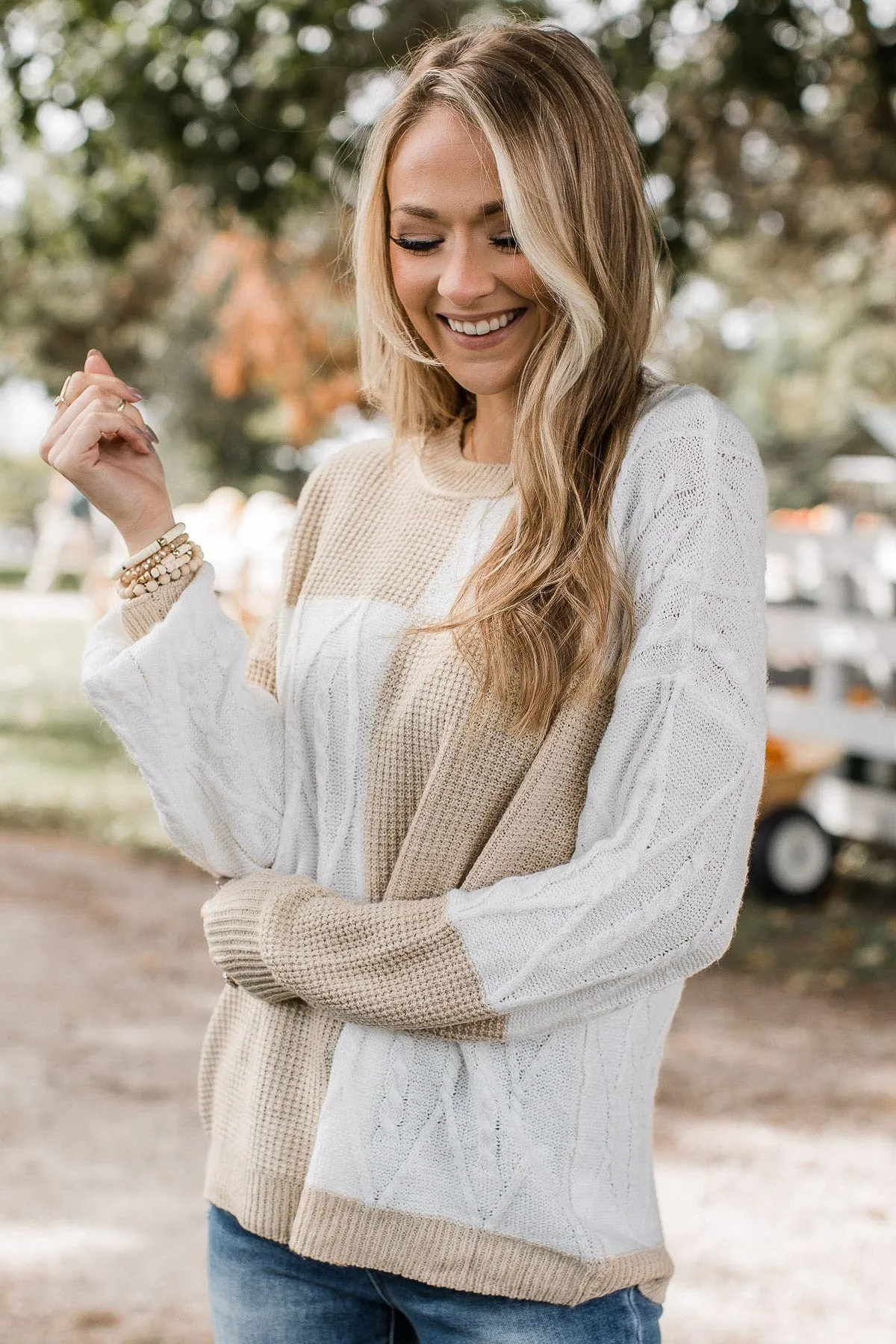 Here We Are Color Block Sweater- Ivory & Light Taupe