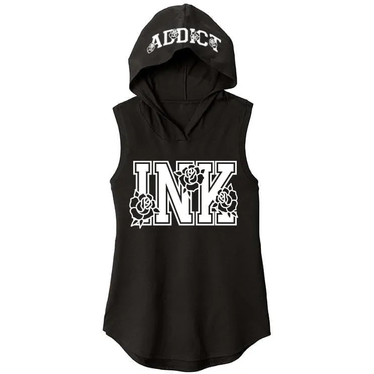 INK Roses Women's Black Sleeveless Hoodie Tee