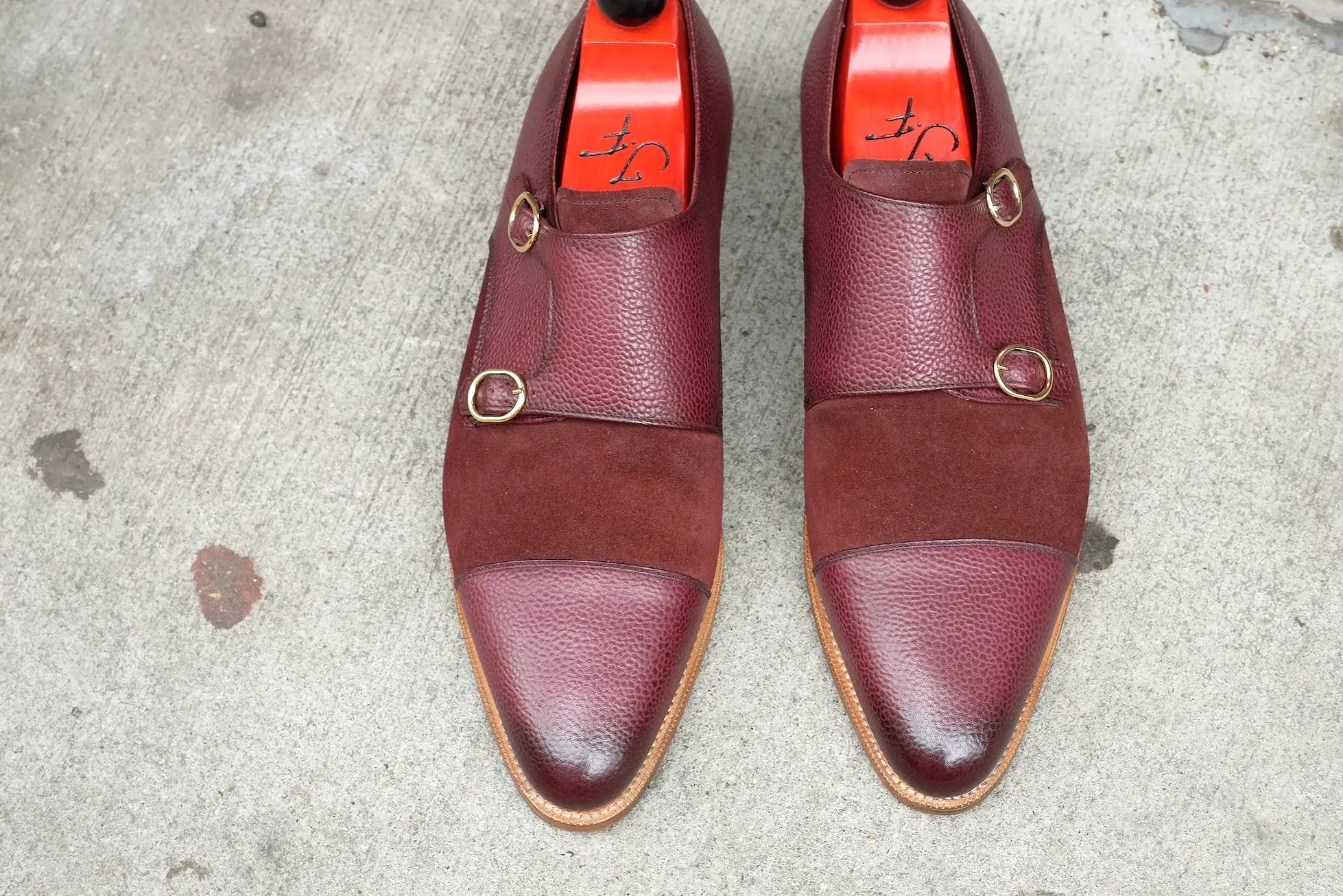 Kent - MTO - Burnished Burgundy Scotch Grain / Burgundy Suede - JKF Last - Gold Hardware - Single Leather Sole - Natural Edging 