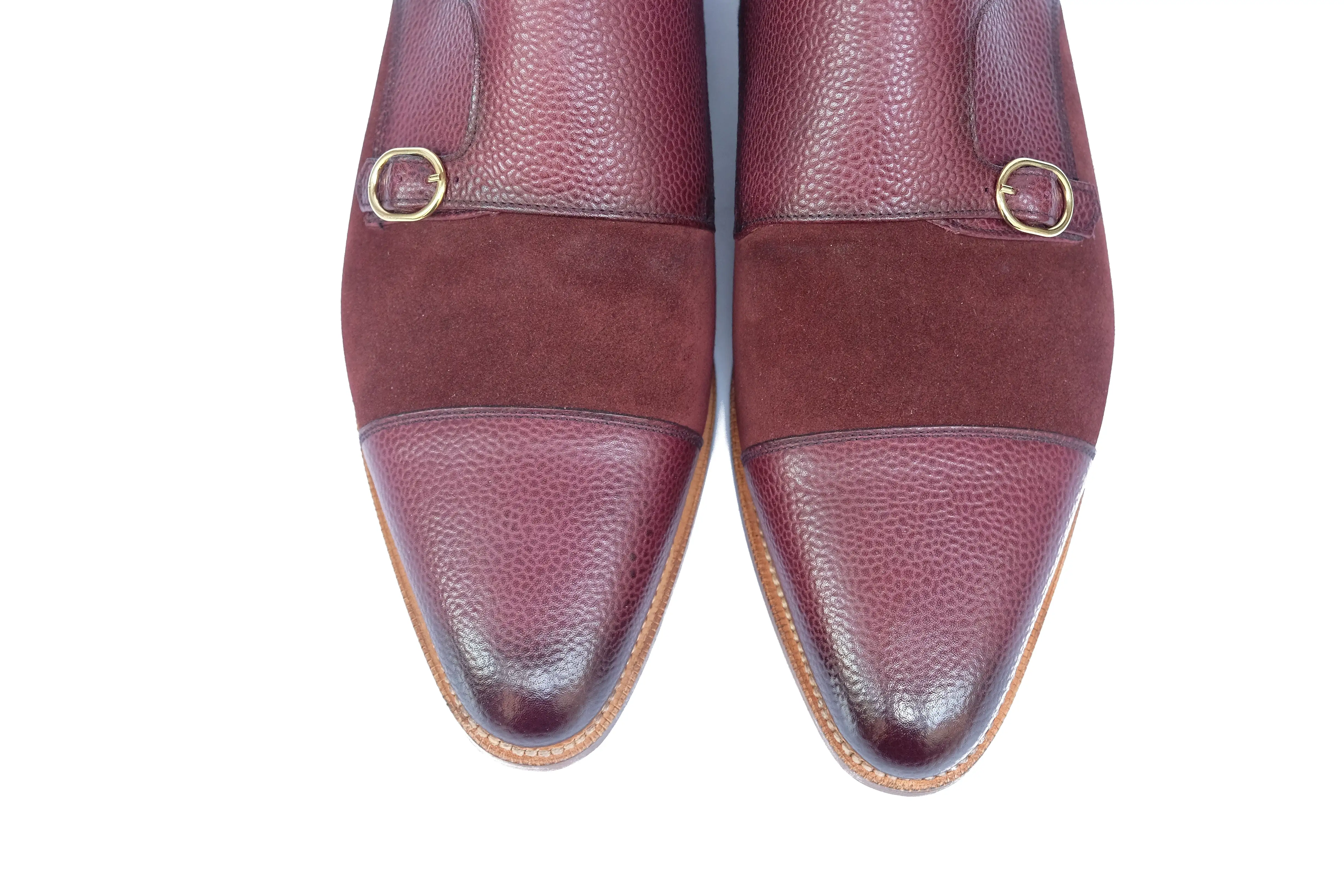 Kent - MTO - Burnished Burgundy Scotch Grain / Burgundy Suede - JKF Last - Gold Hardware - Single Leather Sole - Natural Edging 