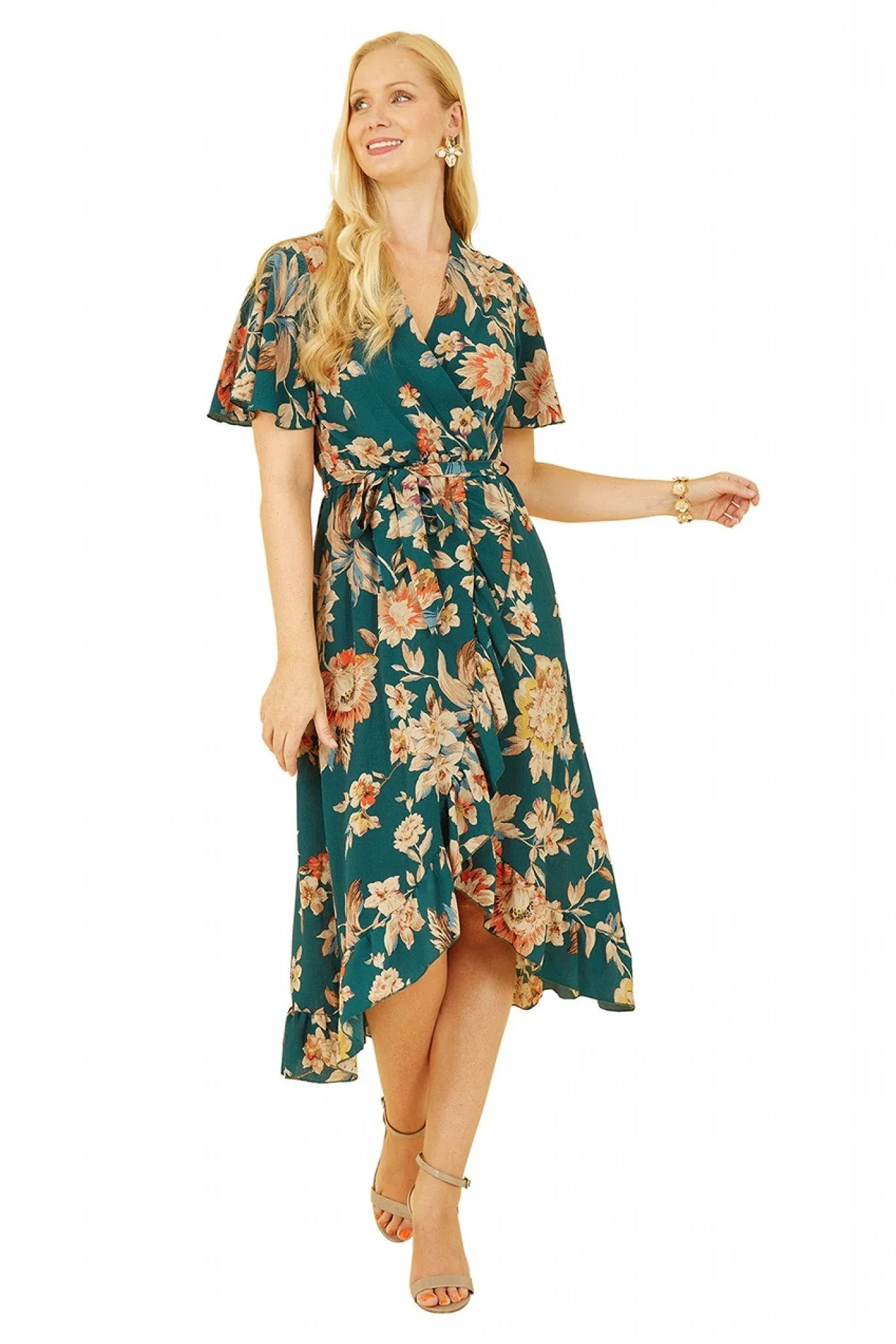 Mela London Teal Winter Floral Wrap Midi Dress