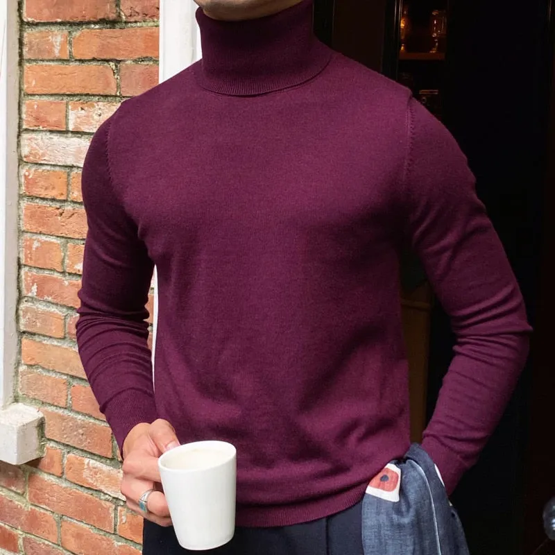 Men's Burgundy Casual Style Turtleneck Woolen Long Sleeve Pullover