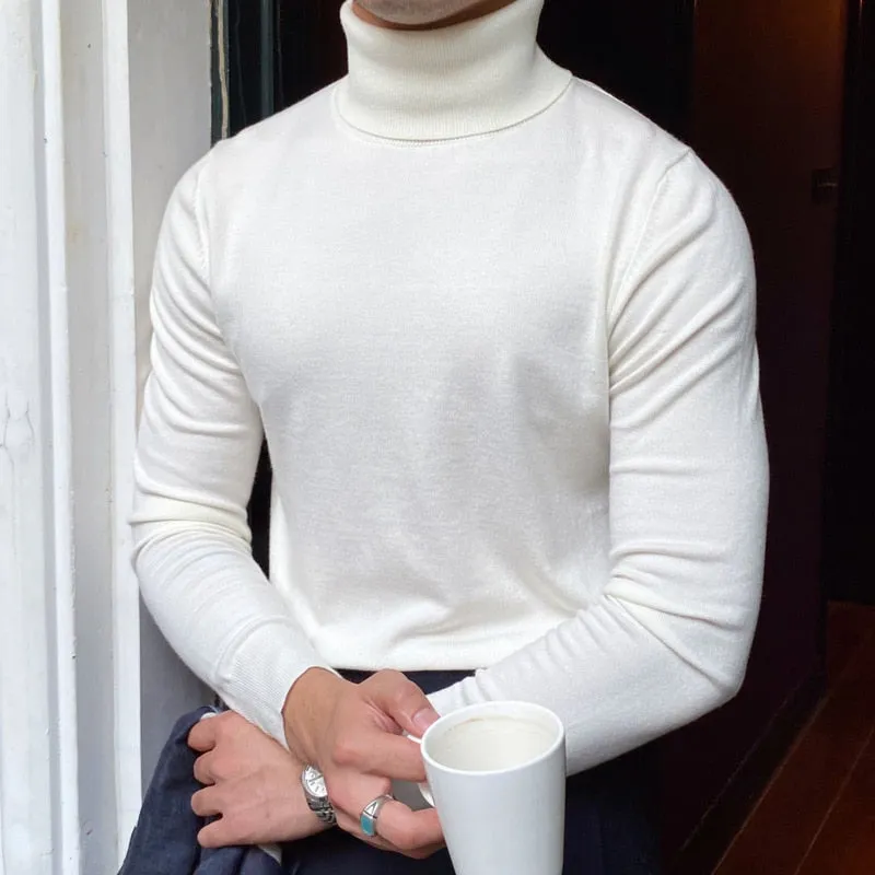 Men's Burgundy Casual Style Turtleneck Woolen Long Sleeve Pullover