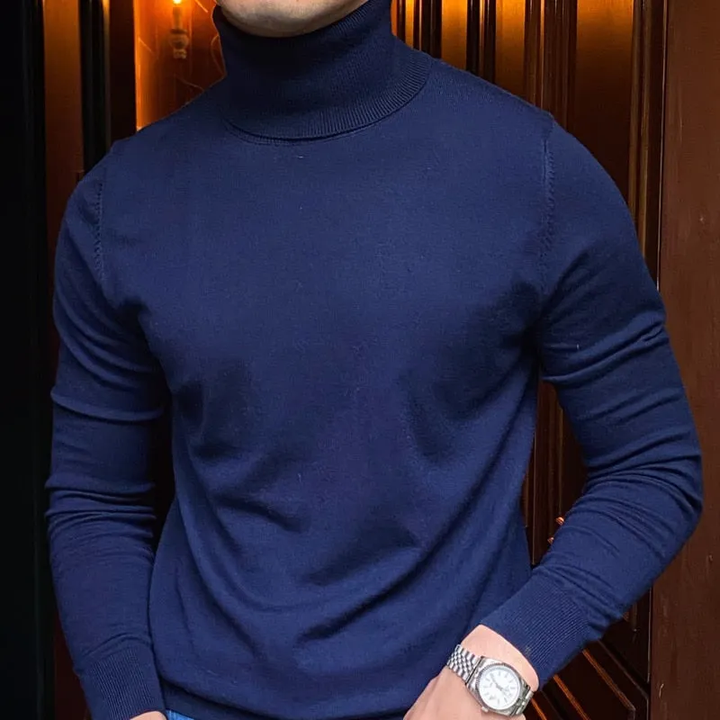 Men's Burgundy Casual Style Turtleneck Woolen Long Sleeve Pullover