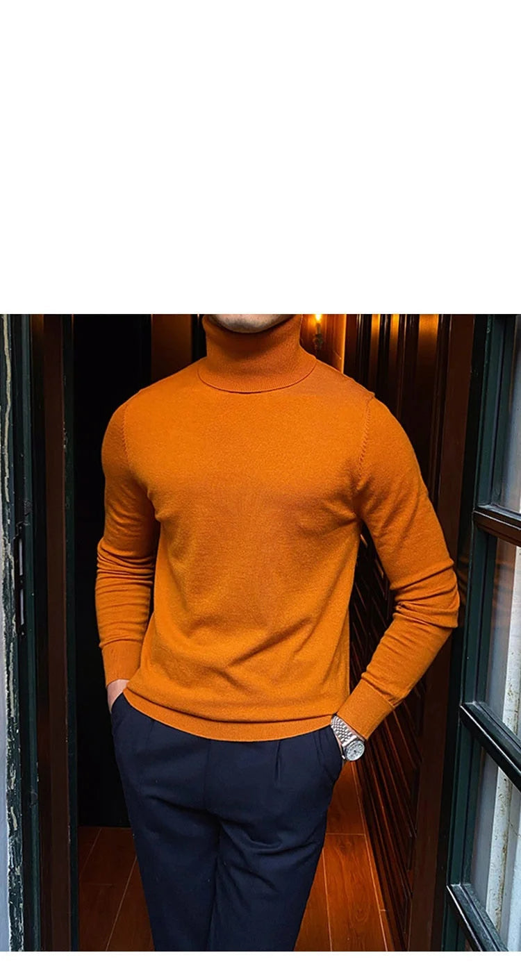 Men's Burgundy Casual Style Turtleneck Woolen Long Sleeve Pullover