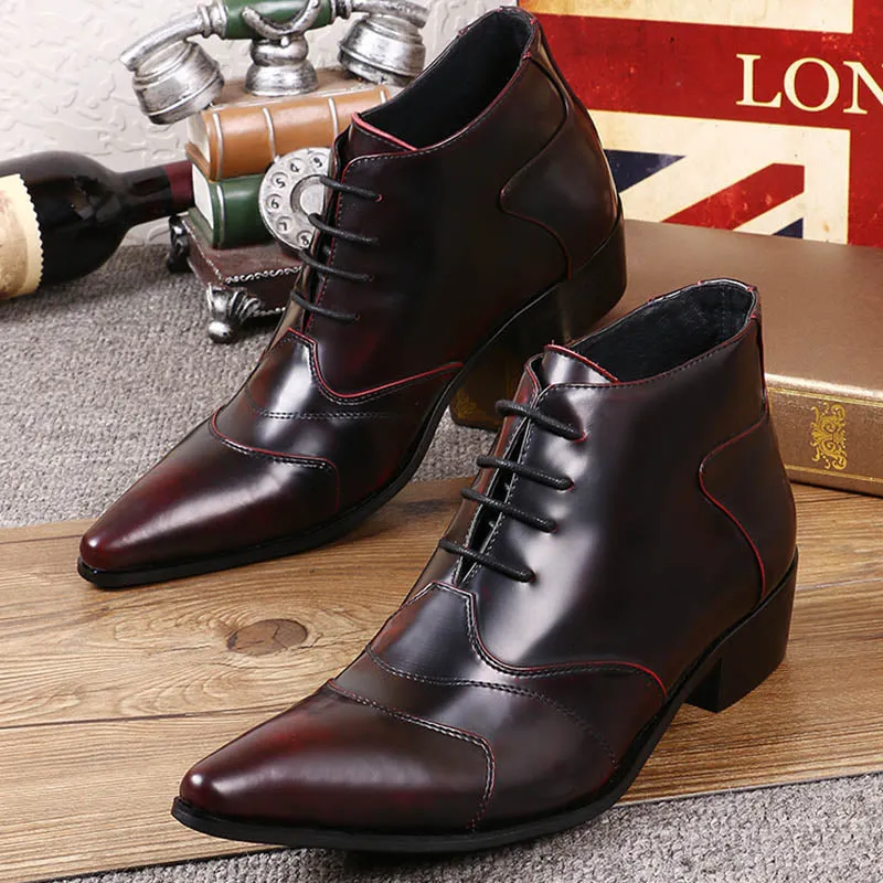 Men's Fashion Genuine Leather Pointed Toe Lace Up Business Ankle Boots