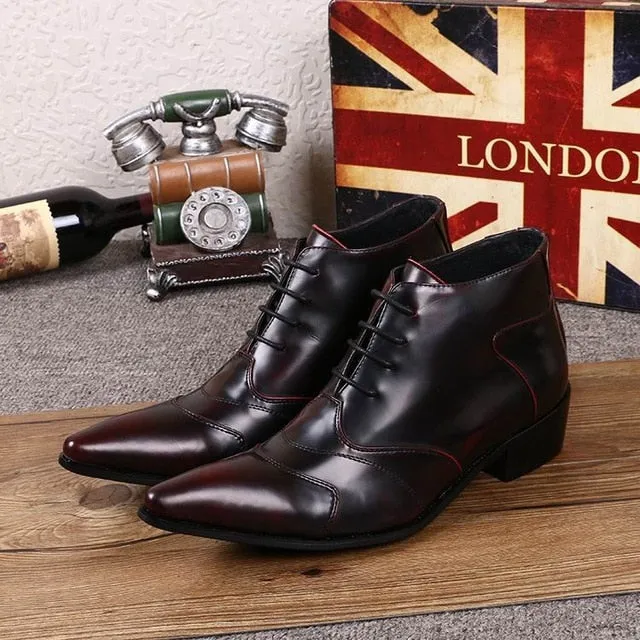 Men's Fashion Genuine Leather Pointed Toe Lace Up Business Ankle Boots