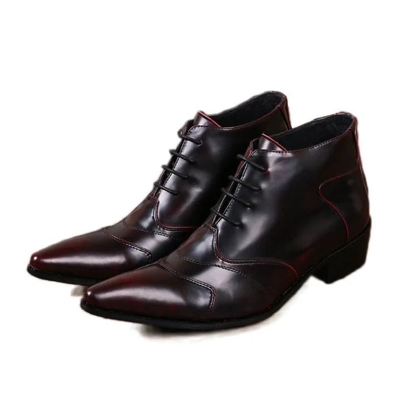 Men's Fashion Genuine Leather Pointed Toe Lace Up Business Ankle Boots