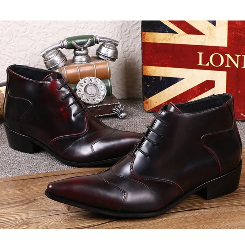 Men's Fashion Genuine Leather Pointed Toe Lace Up Business Ankle Boots