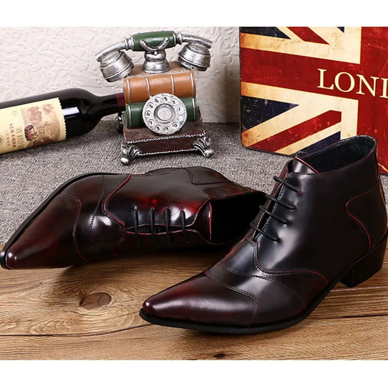 Men's Fashion Genuine Leather Pointed Toe Lace Up Business Ankle Boots