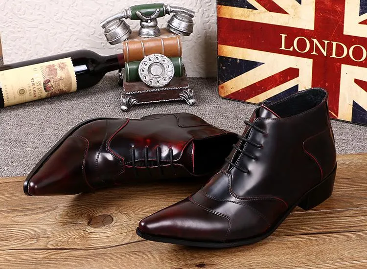 Men's Fashion Genuine Leather Pointed Toe Lace Up Business Ankle Boots