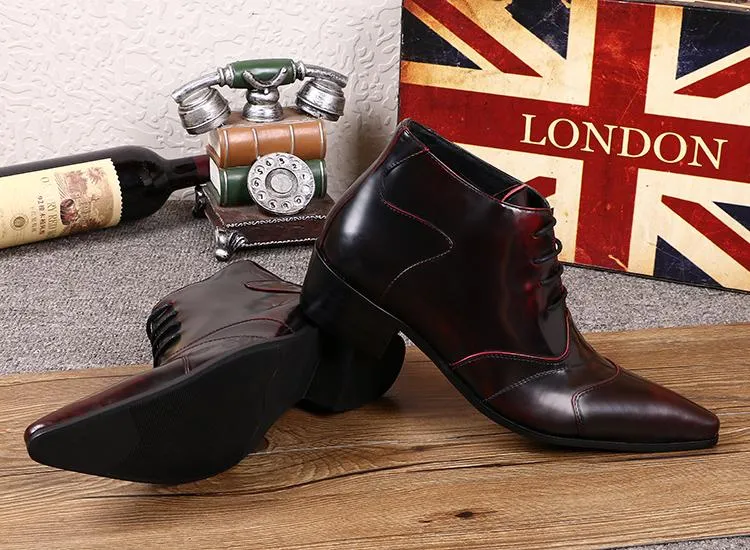 Men's Fashion Genuine Leather Pointed Toe Lace Up Business Ankle Boots