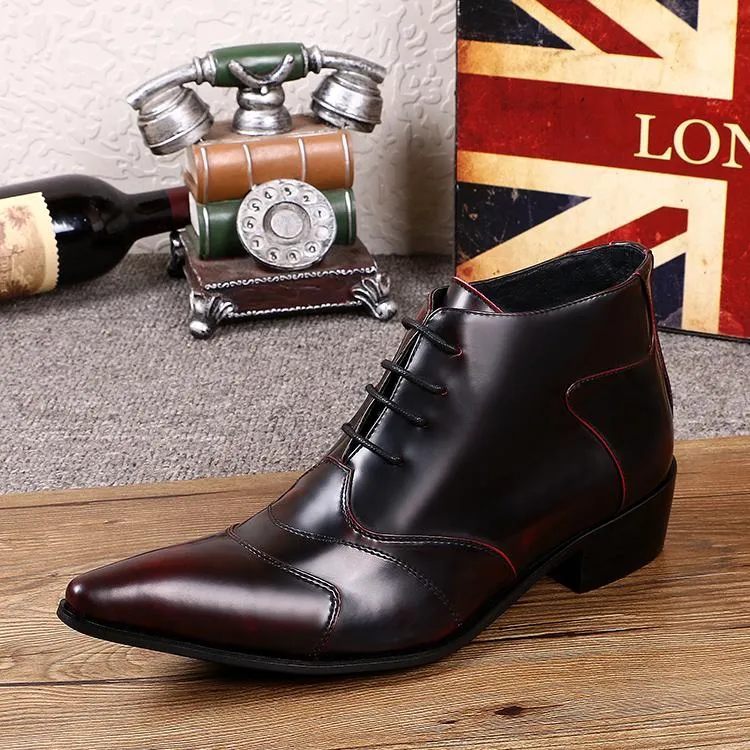 Men's Fashion Genuine Leather Pointed Toe Lace Up Business Ankle Boots