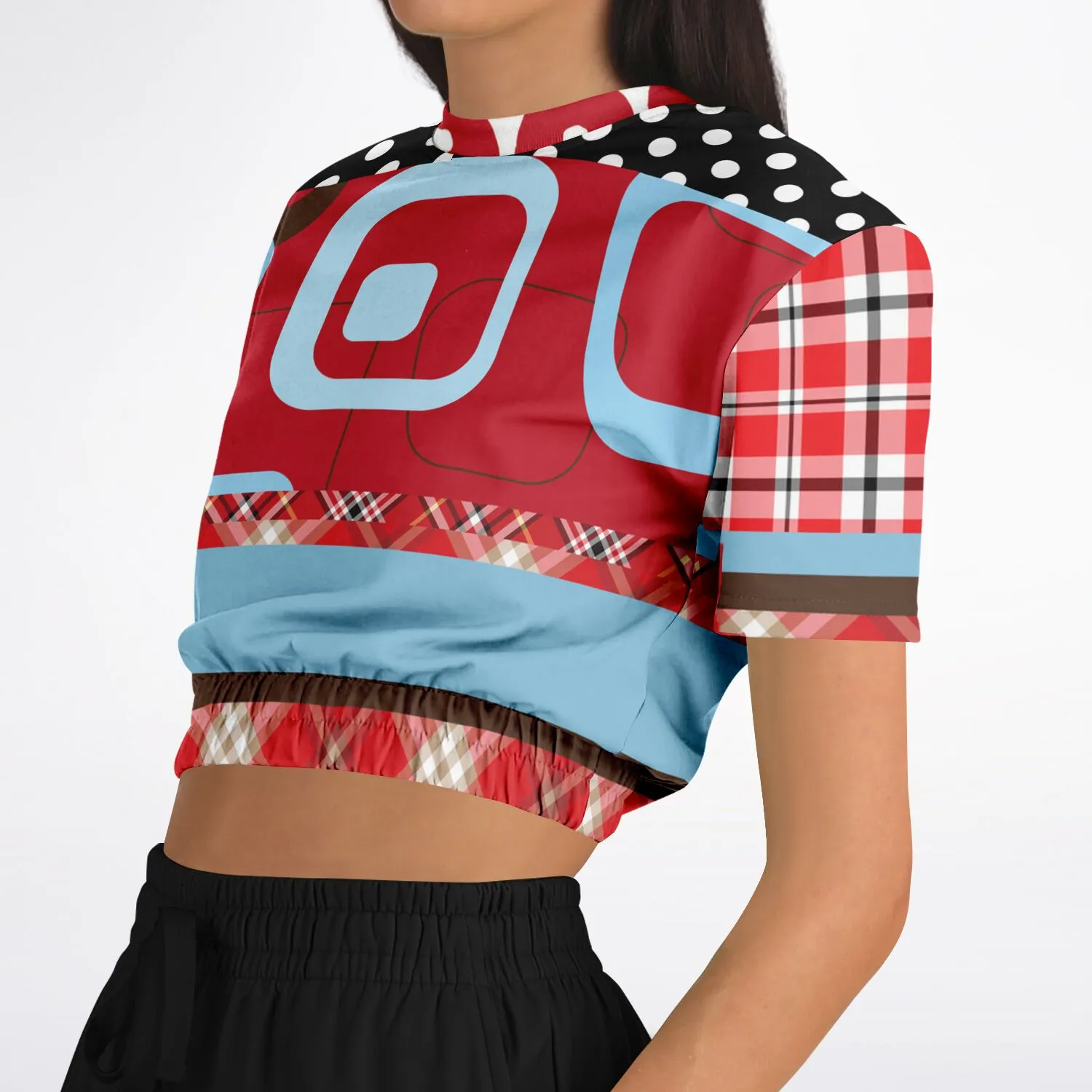 Red Pacific Palisades Plaid Short Sleeve Cropped Eco-Poly Sweater