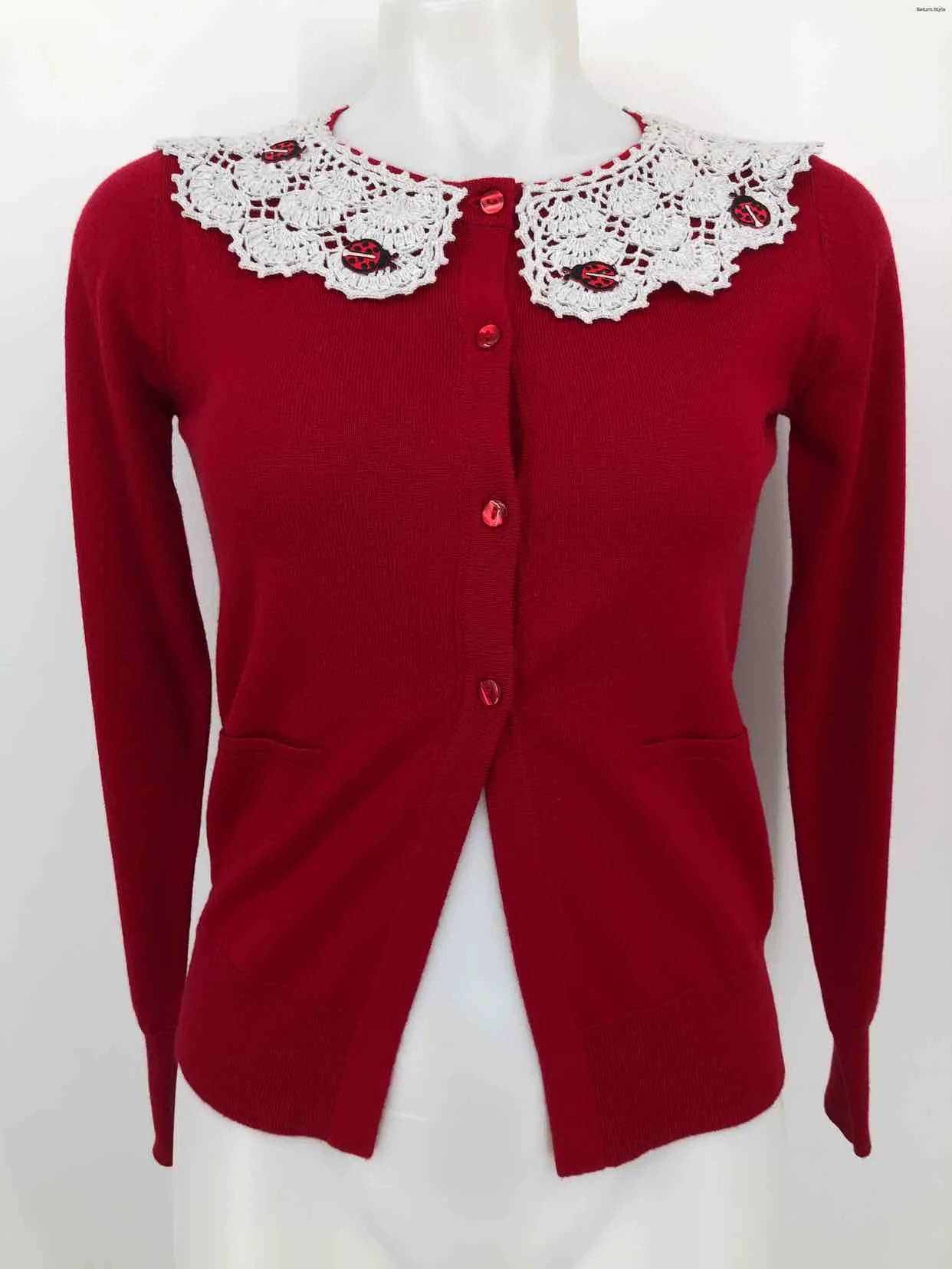 Red White Embroidered Trim Cardigan Size X-SMALL Sweater