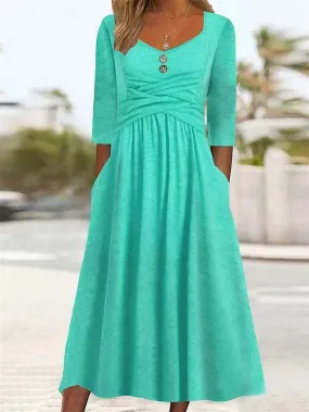 Stylish Dark Green Pleated V-Neck Midi Dress for Women