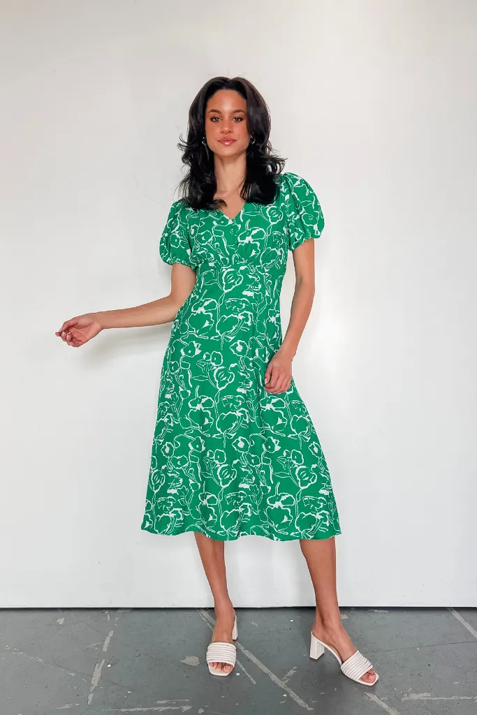 Tiki Time Puff Sleeve Midi Dress