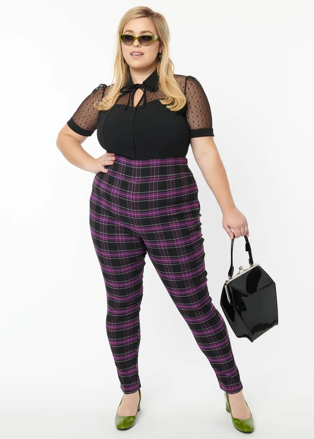 Unique Vintage Rizzo Plaid 60's Cigarette Pants Purple Black