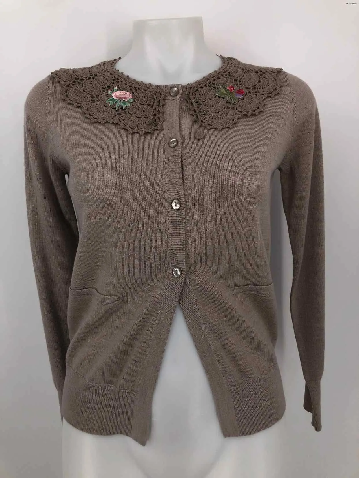 WOLFORD Taupe Pink Multi Wool Embroidered Trim Cardigan Size X-SMALL Sweater