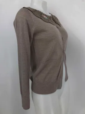 WOLFORD Taupe Pink Multi Wool Embroidered Trim Cardigan Size X-SMALL Sweater