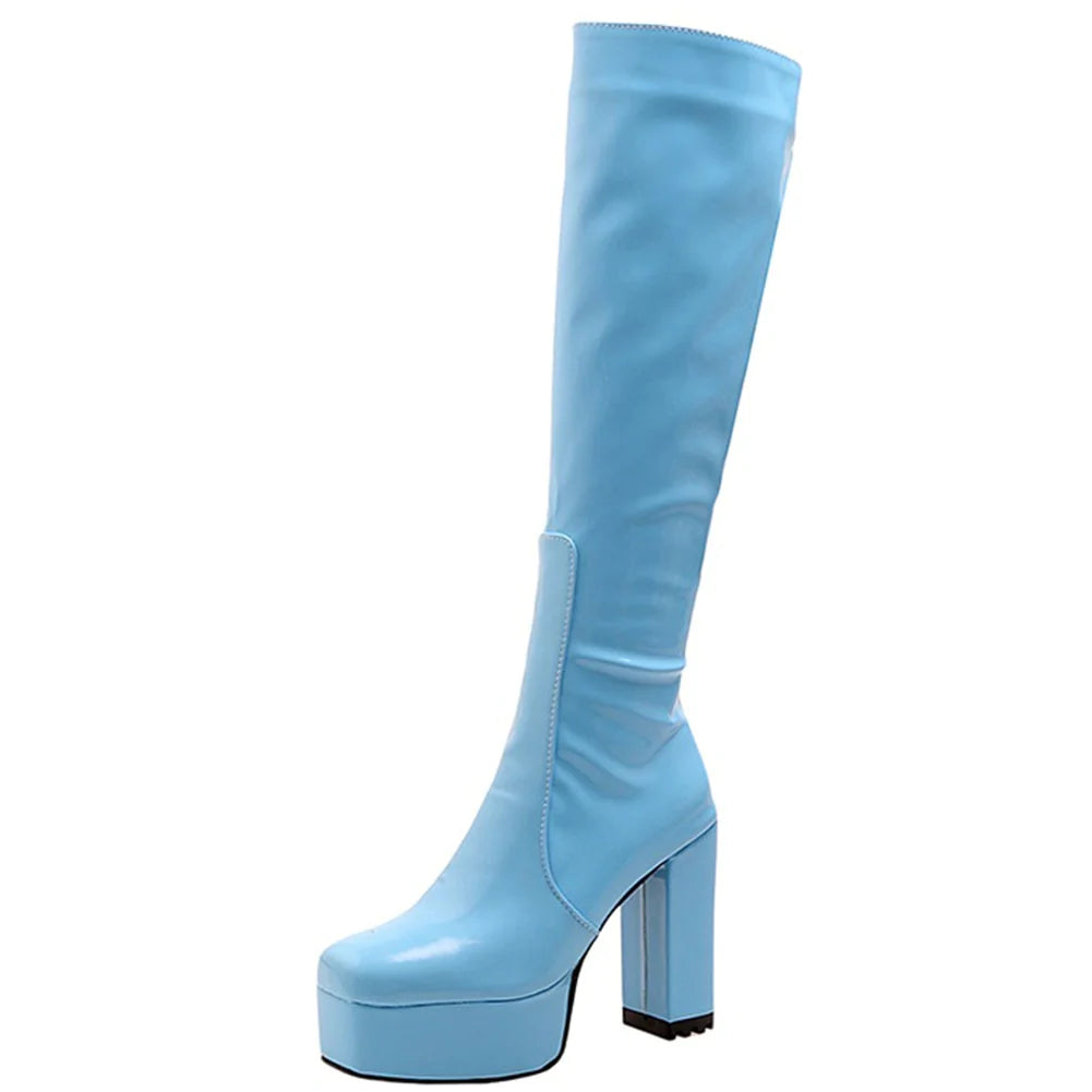 Women's Sexy Blue Color Square Heel Platform Gothic Boot Shoes