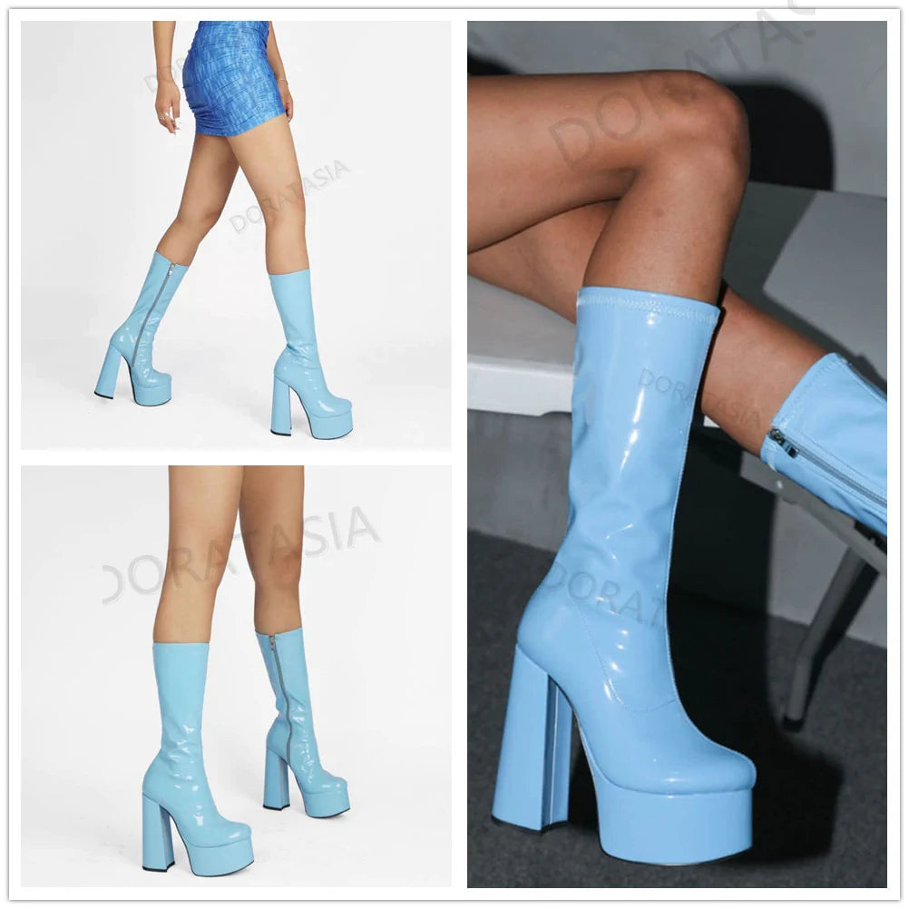 Women's Sexy Blue Color Square Heel Platform Gothic Boot Shoes